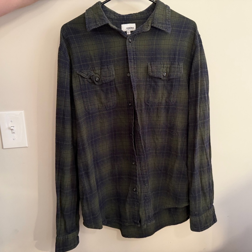 Sonoma Olive and Navy Plaid Button Down Shirt